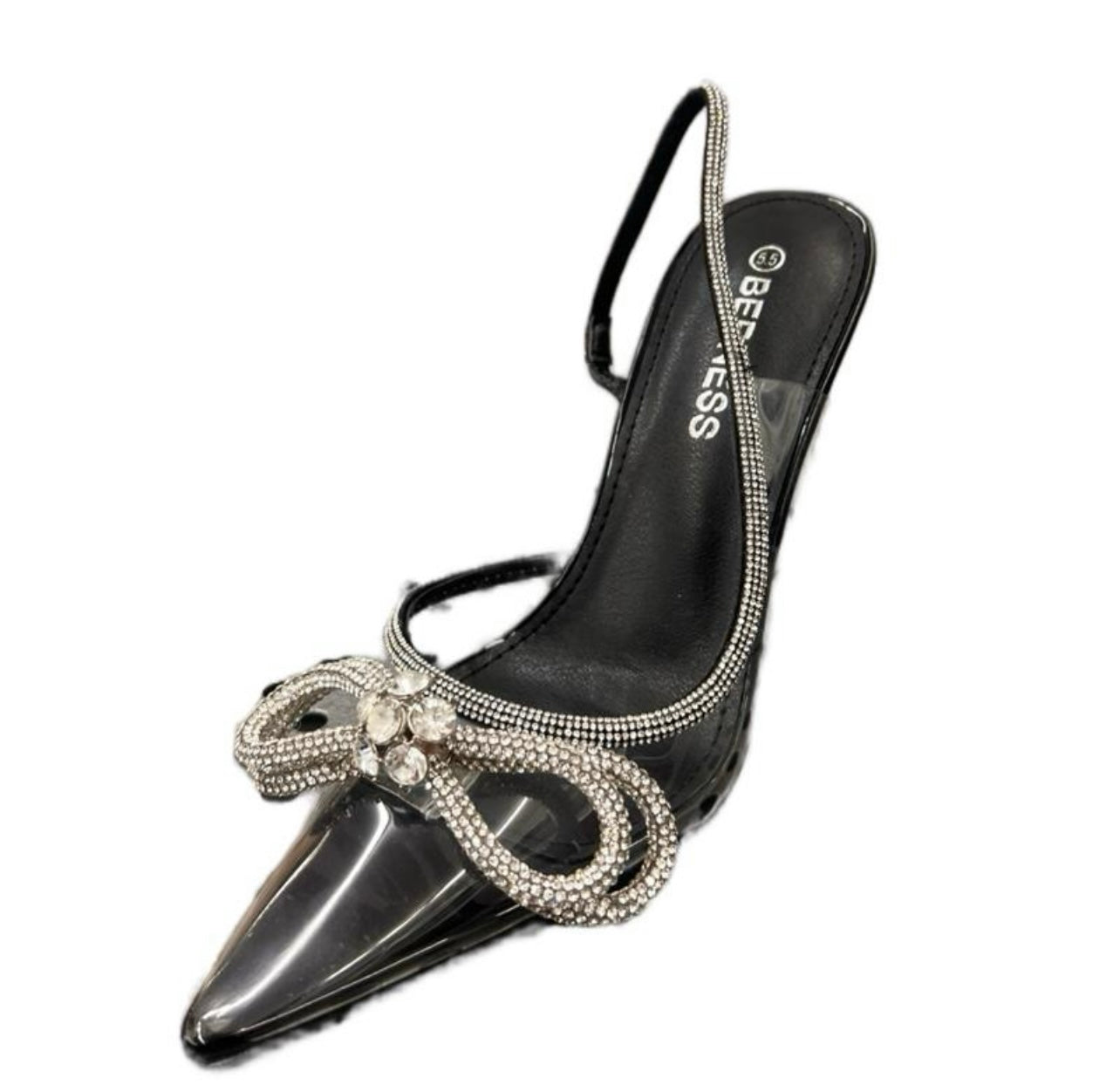 CLEAR POINTED TOE STILETTO HEEL WITH RHINESTONE BOW CLARA