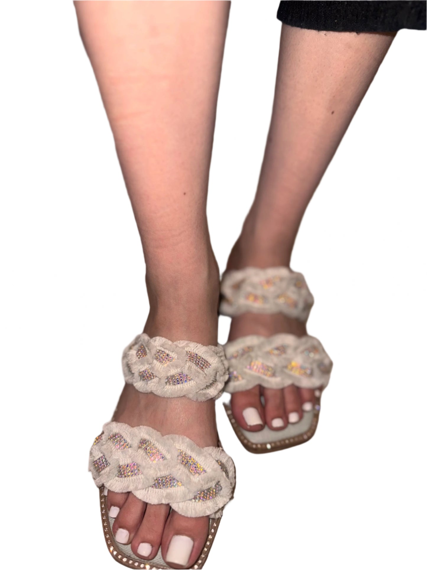 BRAIDED RHINESTONE FUZZY SLIDE SANDAL MUDDA-10
