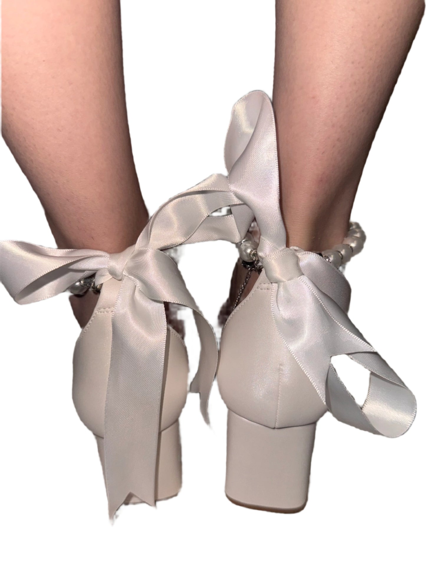 SATIN BLOCK HEEL WITH RIBBON TIE AND PEARL DETAIL MORGAN-S