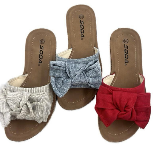 CANVAS SLIDE SANDAL WITH A BOW DETAIL SCRIPT-S