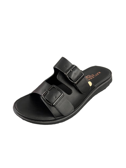 FAUX LEATHER DOUBLE BUCKLE SLIDE SANDAL AUBRIE-72