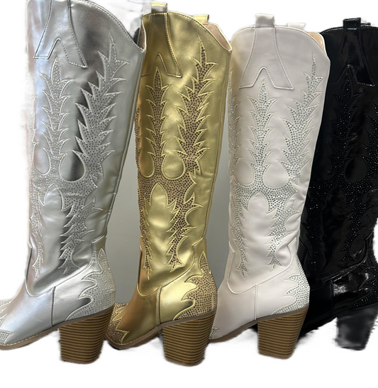 WESTERN RHINESTONE BLOCK HEEL POINTE TOE BOOT BIRCH