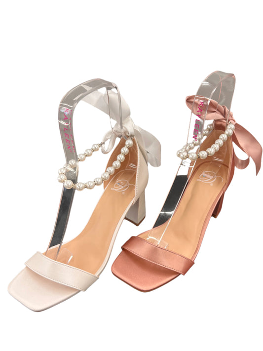 SATIN BLOCK HEEL WITH RIBBON TIE AND PEARL DETAIL MORGAN-S