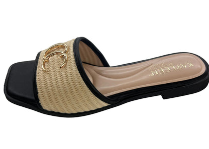 FLAT SLIDE SANDAL WITH RAFFIA DETAIL BYOKO-15
