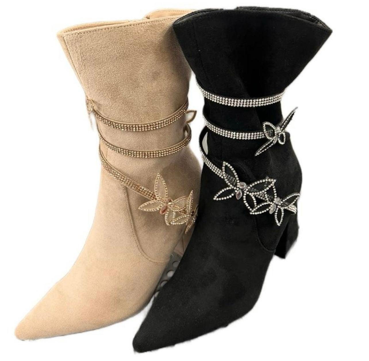 SUEDE BLOCK HEEL BOOT WITH RHINESTONE BUTTERFLY SPIRAL KALINA-28