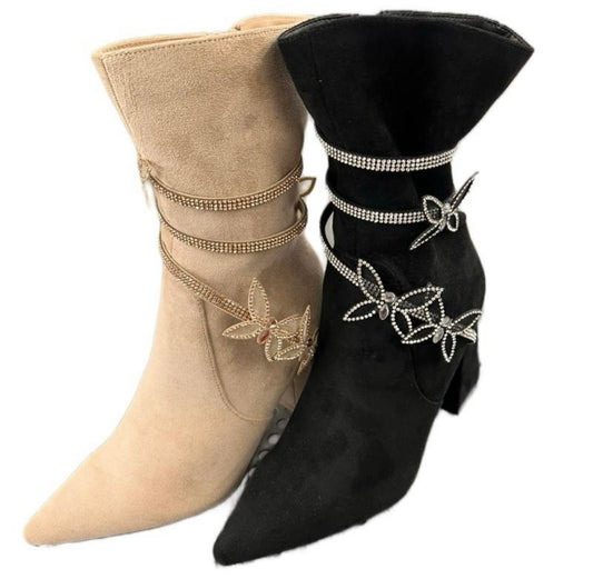SUEDE BLOCK HEEL BOOT WITH RHINESTONE BUTTERFLY SPIRAL KALINA-28