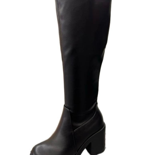 BELOW THE KNEE FAUX LEATHER BOOT WITH CHUNKY BLOCK HEEL JEZZI-S