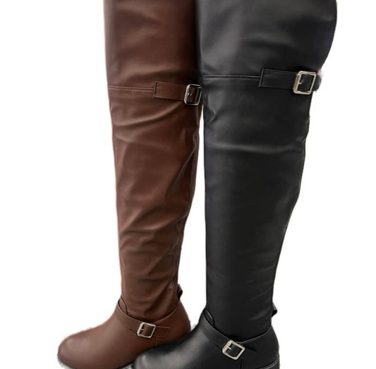 ABOVE THE KNEE FAUX LEATHER BOOT WITH BUCKLE DETAILS OKSANDRA-359