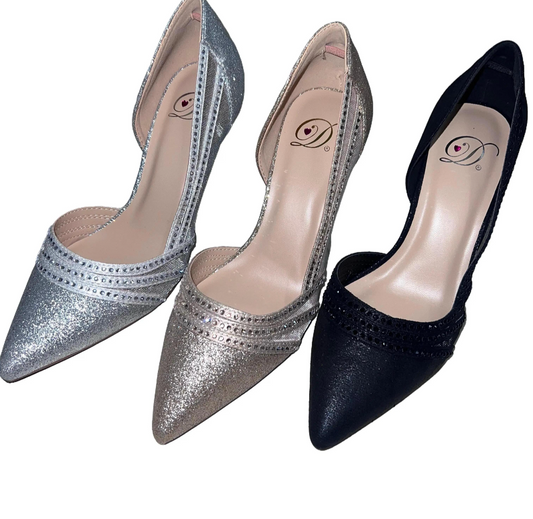 GLITTER POINTED TOE PUMP WITH RHINESTONE DETAIL ENHANCE-S