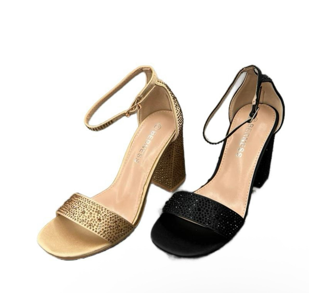 SATIN RHINESTONE BLOCK HEEL WITH ADJUSTABLE ANKLE BUCKLE PRAIRIE