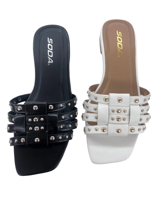 FLAT FAUX LEATHER SLIDE SANDAL WITH GOLD STUD DETAIL SETTER-S