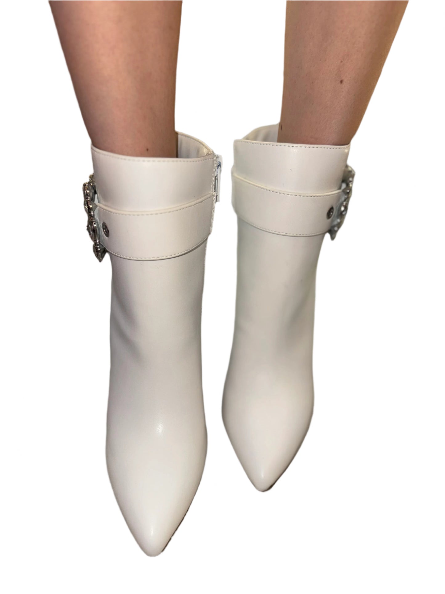 POINTED TOE STILETTO ANKLE BOOT WITH RHINESTONE BUCKLE DETAIL NOOK