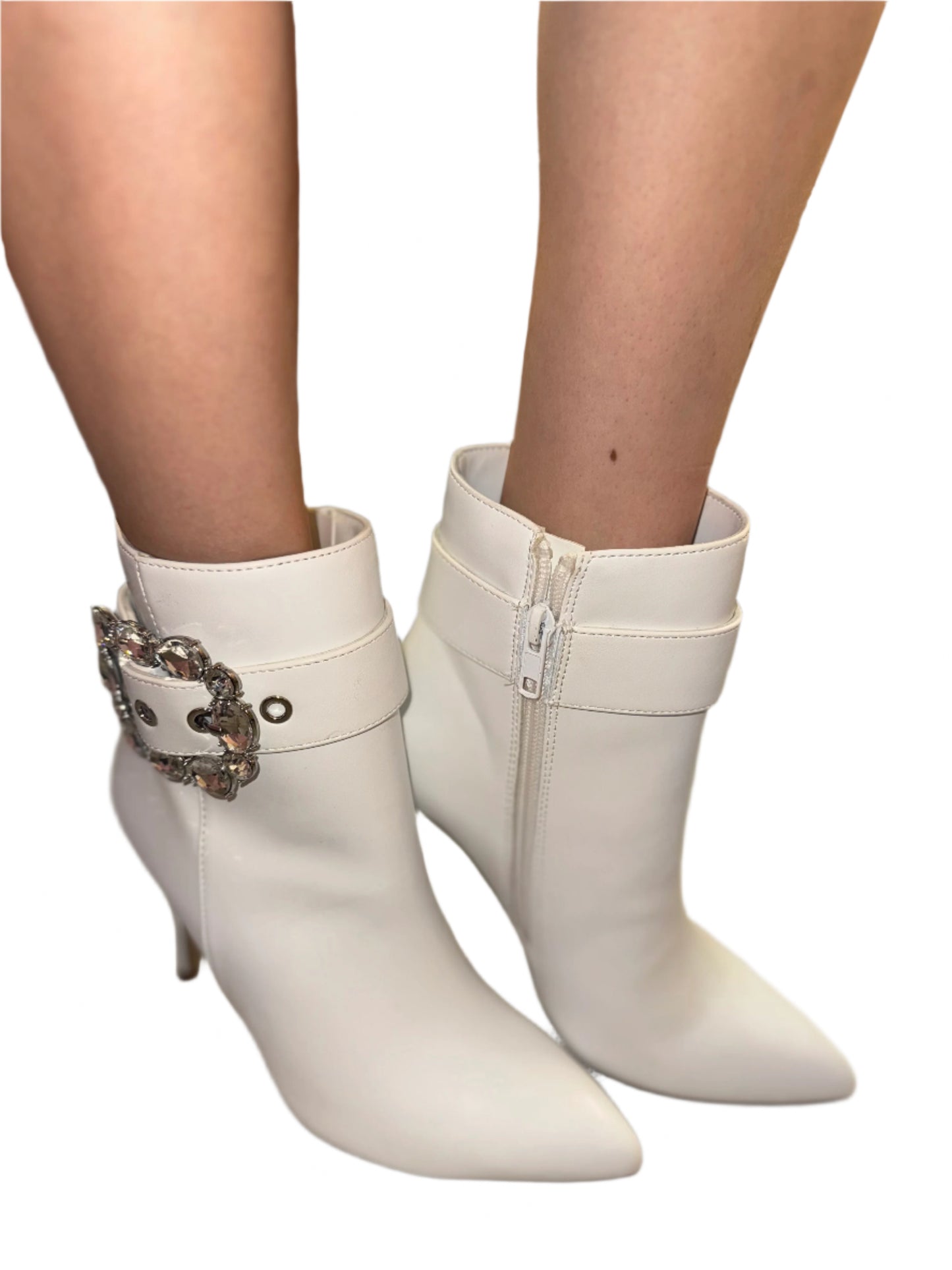 POINTED TOE STILETTO ANKLE BOOT WITH RHINESTONE BUCKLE DETAIL NOOK