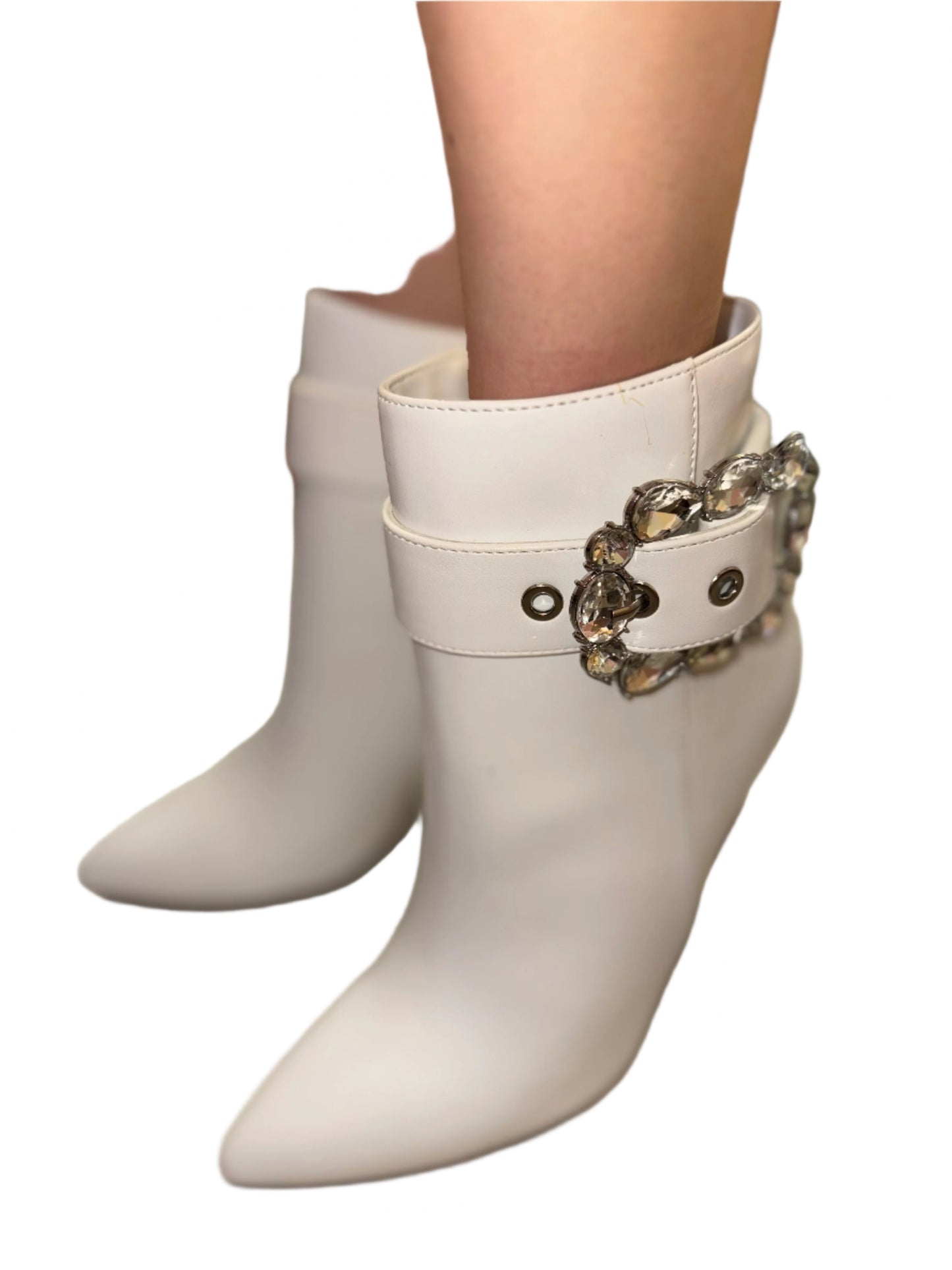 POINTED TOE STILETTO ANKLE BOOT WITH RHINESTONE BUCKLE DETAIL NOOK