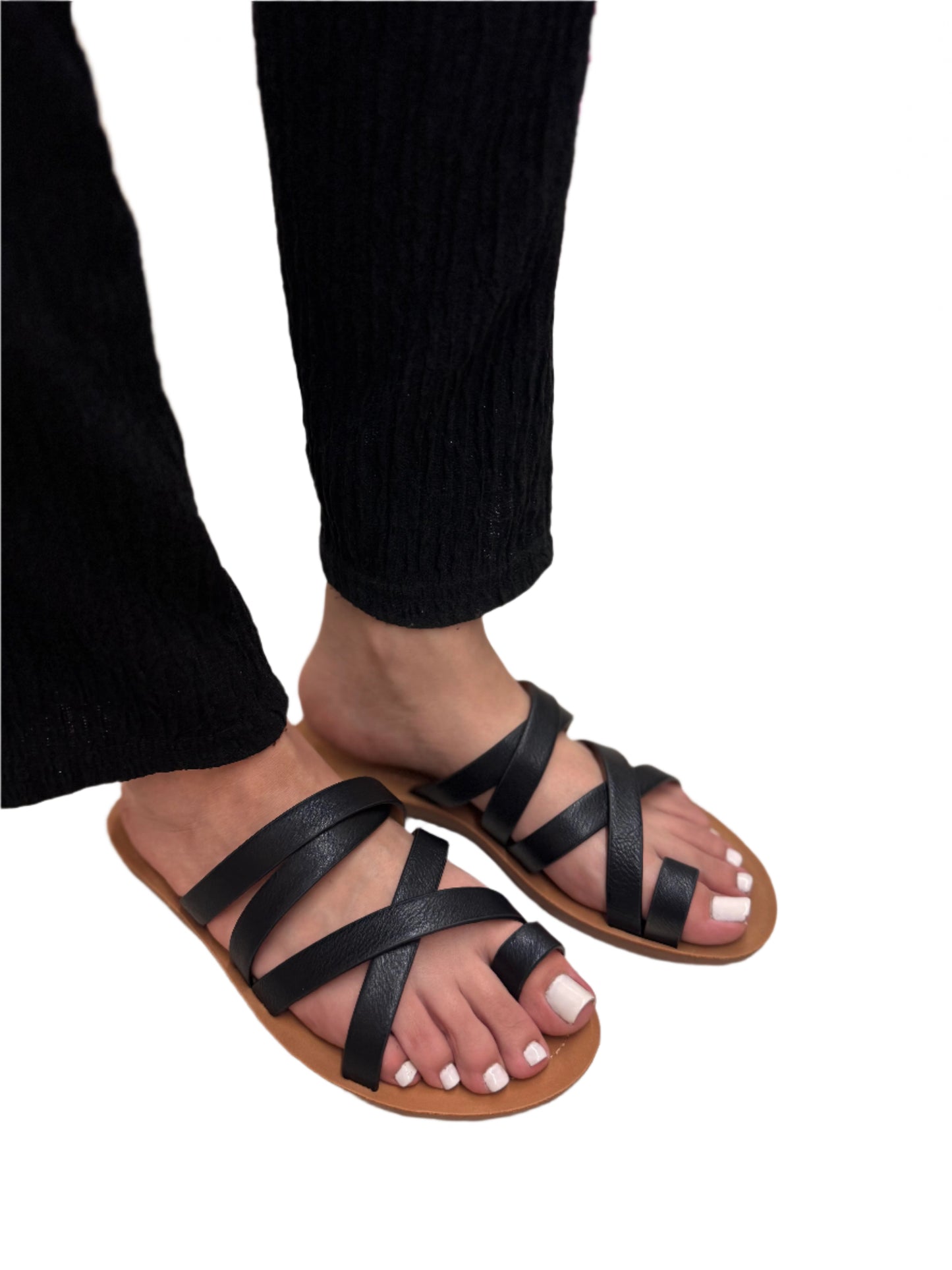 CASUAL FLAT FAUX LEATHER SANDAL WITH TOE RING ISABEL-S