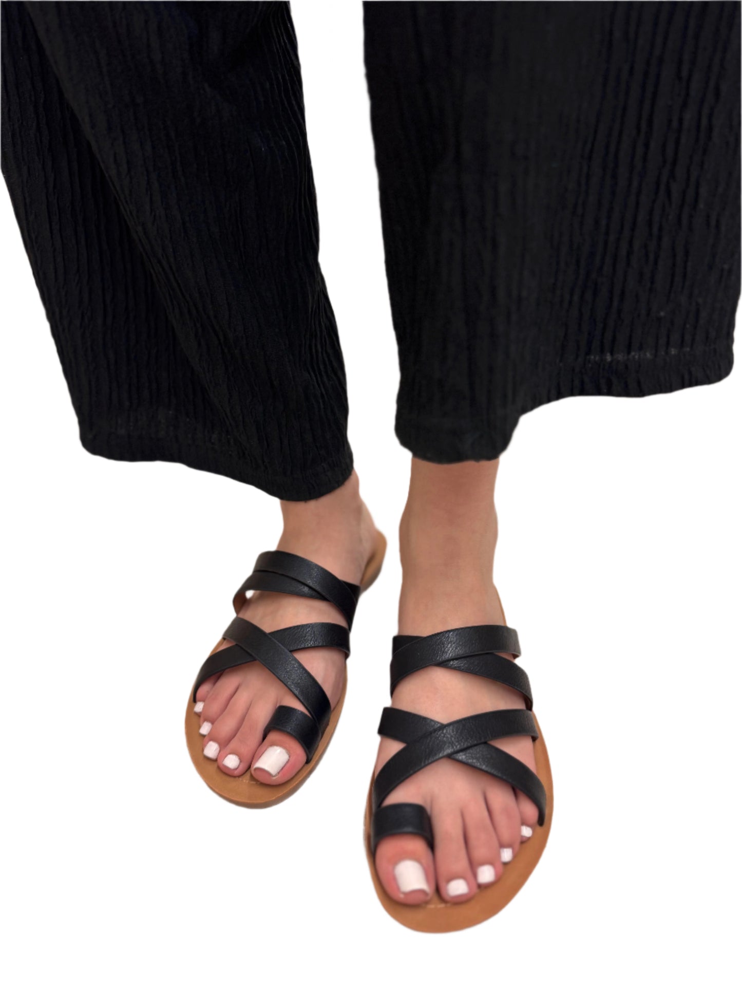 CASUAL FLAT FAUX LEATHER SANDAL WITH TOE RING ISABEL-S